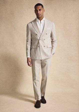 John Henric Men's Beige Double Breasted Linen Cotton Suit with Shirt Size