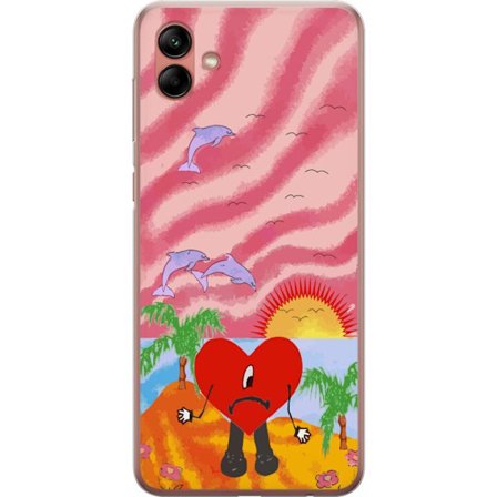 Kompatibelt Mobildeksel til Samsung Galaxy A04 Bad Bunny i en fargerik quiltet jakke med hjertemønster og solbriller i moderne gatestil