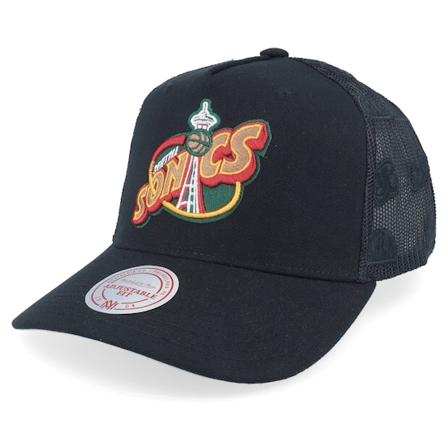 Mitchell & Ness - NBA Svart trucker Keps - Seattle Supersonics Monogram Black A-frame Trucker @ Hatstore
