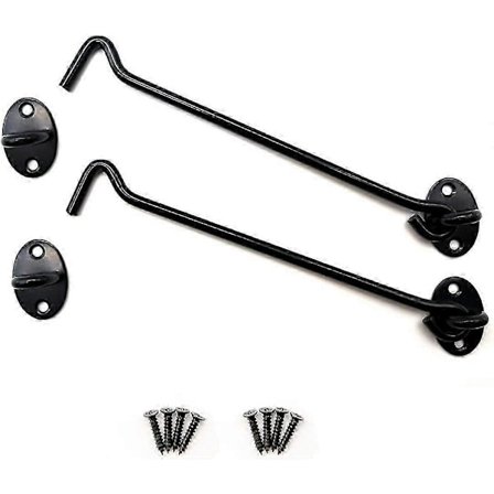 2 stk. 350 mm lange sorte stormkroge/vindueskroge i rustfrit stål med fastgørelsesskruer