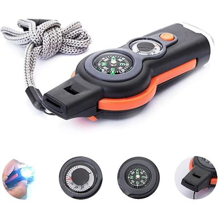 Nødhjelpsfløyte med Lanyard, 7-i-1 Overlevelses Multiverktøy for Camping, Fotturer, Jakt, Fiske og Eventyr, Utendørs.