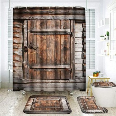 Duschdraperiset med Trä Dörr Farmhouse Landsbygd Sommar Vintage Ljus Retro med Halksäkra Mattor Toalettlock a