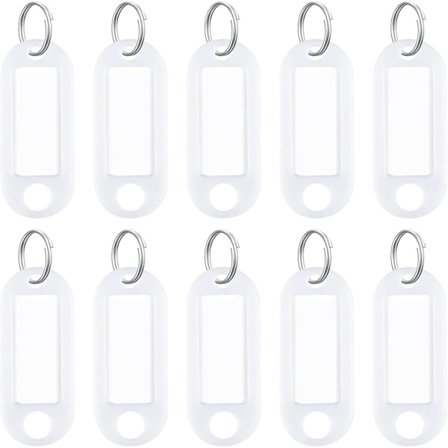 10 kpl valkoisia avaintunnisteita, 5 cm, pehmeät muoviset avaimenperätunnisteet tyhjillä paperilapuilla, läpinäkyvät ikkunat, suojakalvot ja 