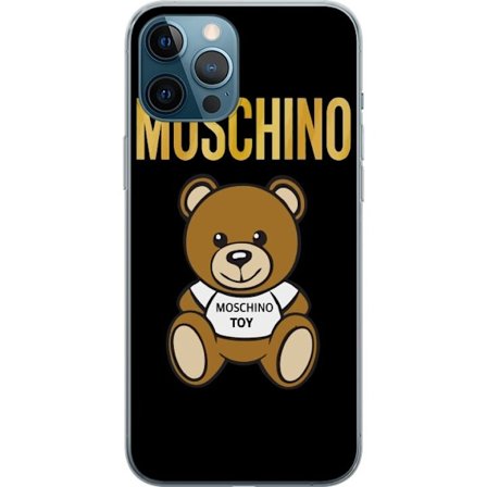 Kompatibelt Mobilskal till Apple Apple iPhone 12 Pro Max Moschino-inspirerad nallebjörn med text på tröjan, centrerad mot svart bakgrund med tydlig