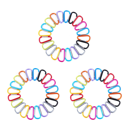 60 kpl D-renkaisen lukittavia karabiinikoukkuja avaimenperän jousipidikkeellä, ulkoilma- ja leirintävarusteet