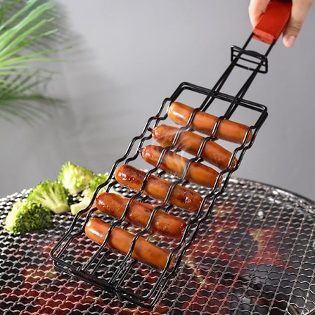 BBQ Pølse Grillkurv Piknik Grillrist for 6 Hot Dogs Metallnettkurver