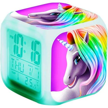 Nattlampa Sängbordsväckarklockor med 4 Sided Unicorn Mönster&9 Sorter LED Lysande Vakna Upp Gåvor för Rum Dekor Barn Flickor Sovrum