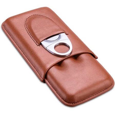 (Brun) Læder Cigar Etui Rejse Humidor til 3 Cigarer med Cigarsaks