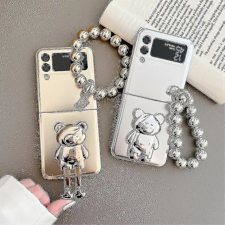 Forgylling 3D Glitter Bjørn Stativ Deksel Kompatibel Samsung Galaxy Z Flip 4 Z Flip 3 Med Armbånd Metall Deksel H