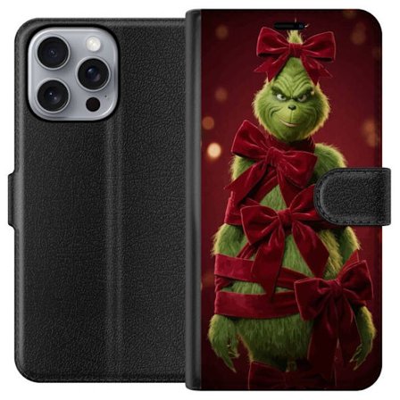 Yhteensopiva Lompakkokotelo Apple Apple iPhone 16 Pro Max Grinchi-hahmo koristeltu punaisilla samettinauhoilla juhlavassa studiossa, leikkisällä ja