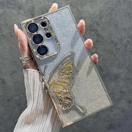 For Samsung Galaxy S24 Ultra Case Quicksand Butterfly TPU Phone Case with Glass Lens Protection