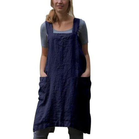 Køkkenforklæde, universelt ærmeløst japansk forklæde i bomuld og hør, robust krydsbandage - Marineblå - L