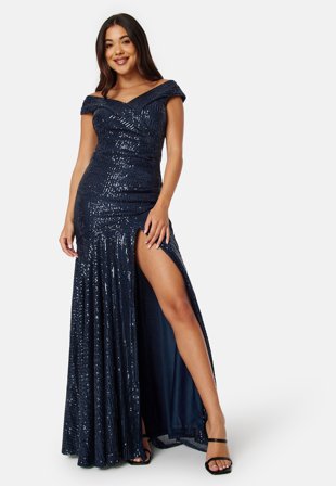 Goddiva Sequin Bardot Pleat Maxi With Split Navy Klær