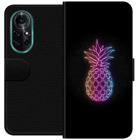 Yhteensopiva Lompakkokotelo Huawei Huawei nova 8 Pro Neonkuvitus ananaksesta värikkäässä valossa mustaa taustaa vasten