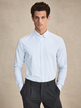 John Henric Men's Weiß-Blau Gestreiftes Oxford Hemd Slim Fit Size 41