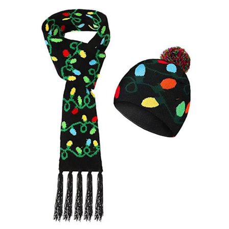 Hatt og skjerfsett med LED-lys, julehatt, snøfnugg, julenisse, klar, juletre, festlig frynset skjerf, lue