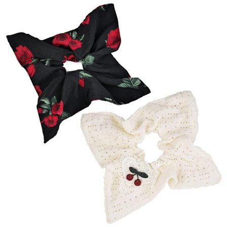 Hår elastikker til kvinder, pakke med 2 blomstrede firkantede hårelastikker - bløde elastiske hestehaleholdere til tykt/tyndt hår, sort & beige Ha