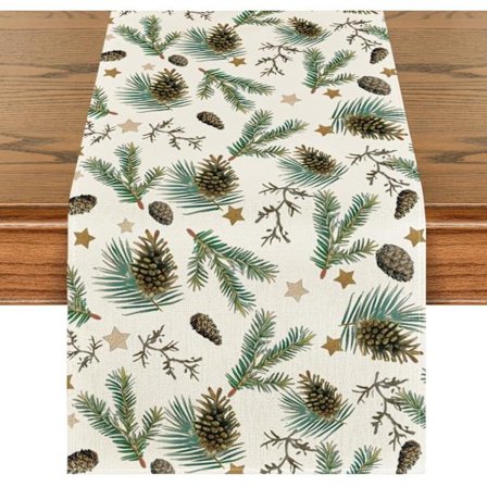 Stars Leaves Pine Cone Christmas Table Runner, Seasonal Winter Merry Christmas Kitchen Table Decoration for Party Decor 33x183 cm