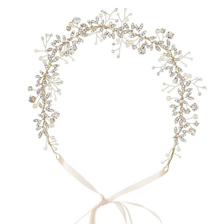 Kristall bröllop brudkrona diadem med blommor, elfenbensfärgade pärlor och elfenbensfärgat satinband