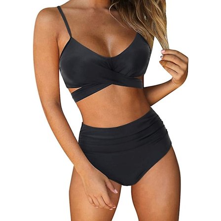 Dam Bikinitop med Korsband, Push-Up, Magkontroll, Halter, Högmidjad Bikini, Tvådelad Baddräkt