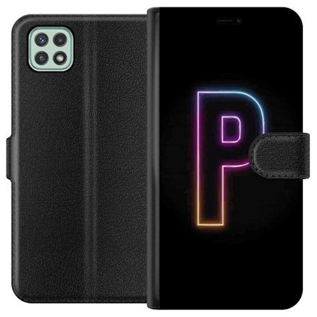 Kompatibel Tegnebogsetui til Samsung Samsung Galaxy A22 5G Minimalistisk neonbogstav P i farvegradient og lyseffekt mod sort baggrund i digital neonst