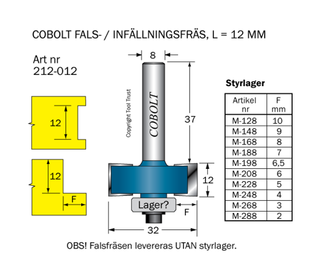 Cobolt 212-012 Kantfres L=12 D=32 TL=61 S=8, Maskintilbehør & forbruk
