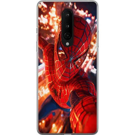 Yhteensopiva Puhelinkuori OnePlus OnePlus 8 Spider Man intensiivisessä toiminnassa välkkyvien valojen ja dynaamisen perspektiivin kera elokuvamaises