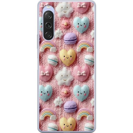 Yhteensopiva Puhelinkuori Sony Xperia 10 V Pastellimotiiivi sydämillä, pilvillä, sateenkaarilla ja makaronseilla vaaleanpunaisella taustalla suloisess