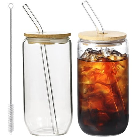 QU*2 stk. bubble tea-kopper 500 ml, glass med lokk og sugerør, drikkeglass med sugerør og lokk, bobleglass, iskaffeglass, longdrinkglass sett