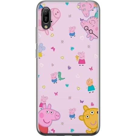 Kompatibelt Mobildeksel til Huawei Y6 Pro (2019) Peppa Gris med en baby i armene, mamma gris motiv i fargerik og myk barneillustrasjon med hjerter