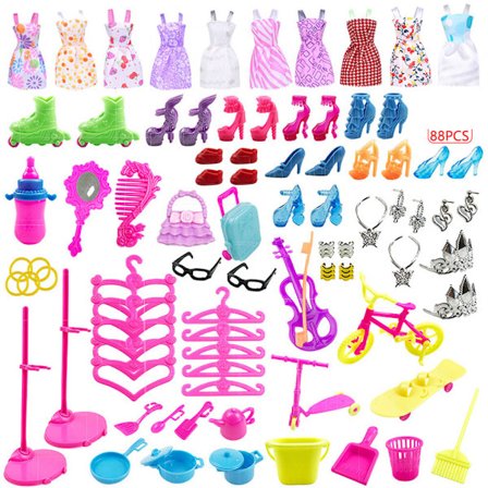 88-delt sett: 78 tilbehør + 10 korte skjørt Barbie dukketilbehør