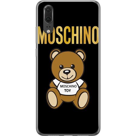 Kompatibelt Mobilskal till Huawei Huawei P20 Moschino-inspirerad nallebjörn med text på tröjan, centrerad mot svart bakgrund med tydlig mode- och p