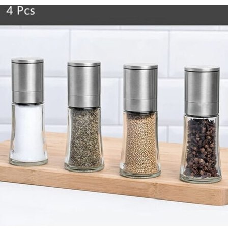 Manuell Pepparkvarn och Saltkvarn, Set med 4 Kryddkvarnar Justerbar Kornstorlek Pepparkvarn och Saltshaker Borstad Stål S