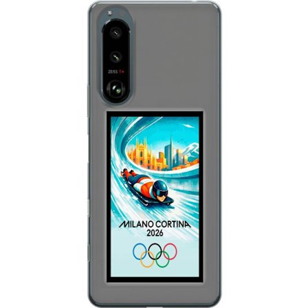 Yhteensopiva Puhelinkuori Sony Xperia 5 III Dynaaminen kelkkailija tai skeleton-ajaja jääkanavalla Milanon Cortina 2026 kanssa, kaupunkinäkymä ja olym