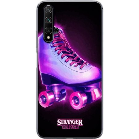 Yhteensopiva Läpinäkyvä kuori Huawei nova 5T Neonpunainen ja violetti retroglow-tyylinen rullaluistimet mustaa taustaa vasten, täydellinen valinta