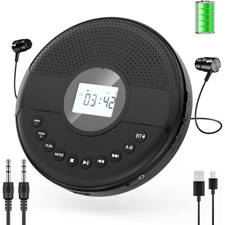 CD-spiller Bærbar med Bluetooth 1500mAh Oppladbar Personlig CD-spiller med Høyttaler LCD-Skjerm Knapp med Lys Anti-Skip Beskyttelse Walkman