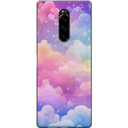 Kompatibelt Mobildeksel til Sony Xperia 1 Søt enhjørning med regnbuefarget hår mot en stjernebelagt pastellbakgrunn i kawaii-stil