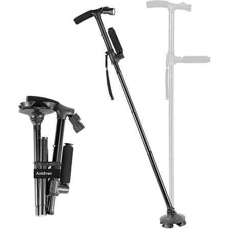 Sammenleggbar Spaserstokk med LED-lys, Teleskopisk Spaserstokk, Stabil Base