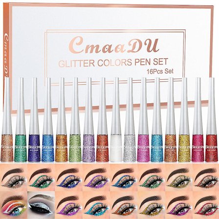 Cmaadu 16 förpackningar med färgglada glitter glitterpulver eyeliner paljett Flash eyeliner flytande