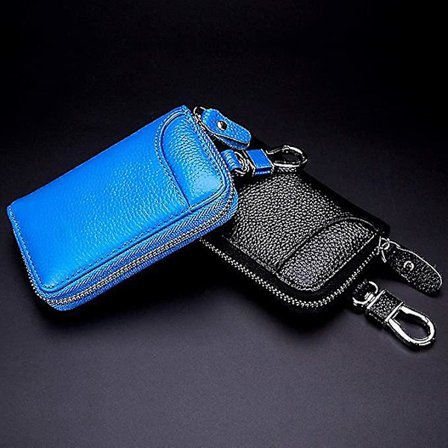 Ægte Læder Bil Nøglekæde Portefølje Etui Lynlås Blå