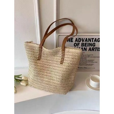 Håndveske stråveske dame sommer strandveske håndveske vevd veske pendler skulderveske stråveske (off white)