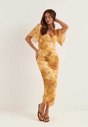Bubbleroom Occasion - Butterfly Sleeve Mesh Ankle Dress - Yellow/Floral