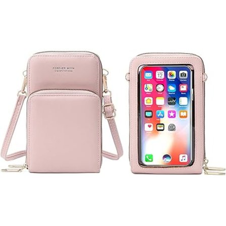 (Pink) Crossbody taske til mobiltelefon kvinder touch screen taske PU læder clutch pung dame kortholder med skulderrem og håndledsrem