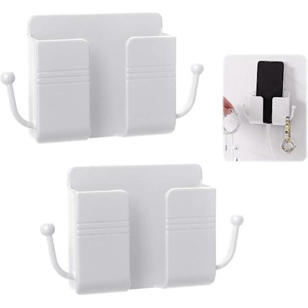 2 Stycken Väggmonterade Mobiltelefonhållare, TV Fjärrkontroll Förvaring, ABS med Krok Väggmonterad Organizer Box, Självhäftande Mini Förvaringslåda [