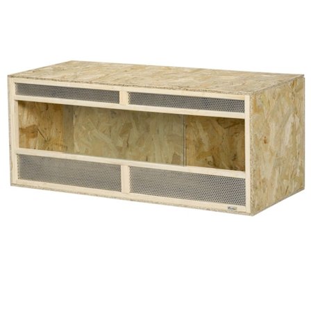 Glasterrarium, 120 x 50 x 50 cm, termostatiskt, robust, med ventilationsgaller, skjutdörr, för ormar, spindlar, OSB-skiva, naturligt trä