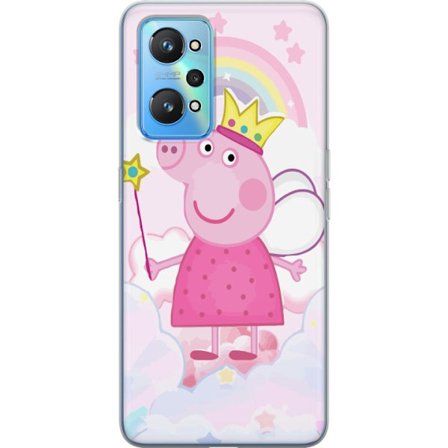 Yhteensopiva Puhelinkuori Realme GT Neo2 Peppa Pig prinsessamotiivi kruunulla, siivillä ja sateenkaarella, satumainen lasten kuvitus pilvitaustalla