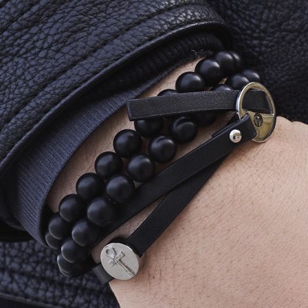Ankh Black & Silver-tone Bracelet Set for Men - Leather bracelets