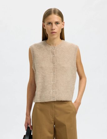 Selected Slflulu Sl Button O-Neck Vest Noos - Beige - M