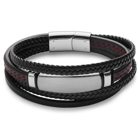 Silver-Tone and Red Stainless Steel ID Bracelet for Men - Leather bracelets