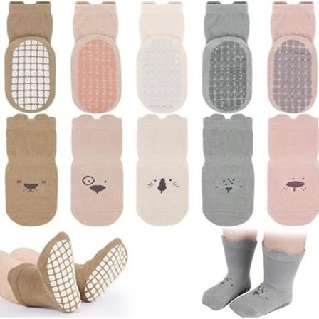 Liukuestesukat - 5 parin pakkaus - 95% puuvillaa - Unisex - Eläinkuviointi - Sopii 1-3-vuotiaille lapsille - Koko M